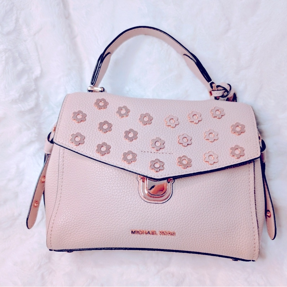 Michael Kors Pink and Cream Shoulder Bag with Floral Appliqués